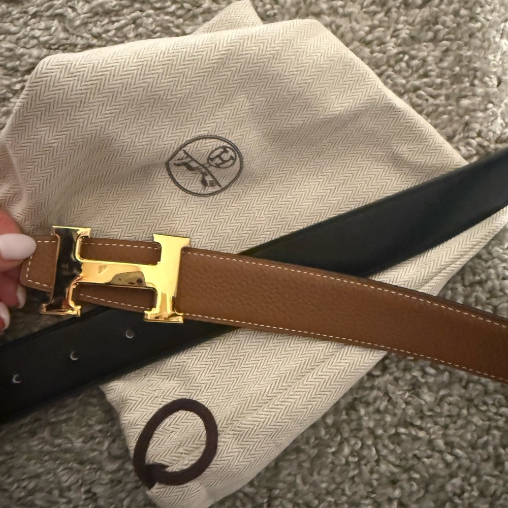 Brown Reversible Leather H Belt with Gold Buckle